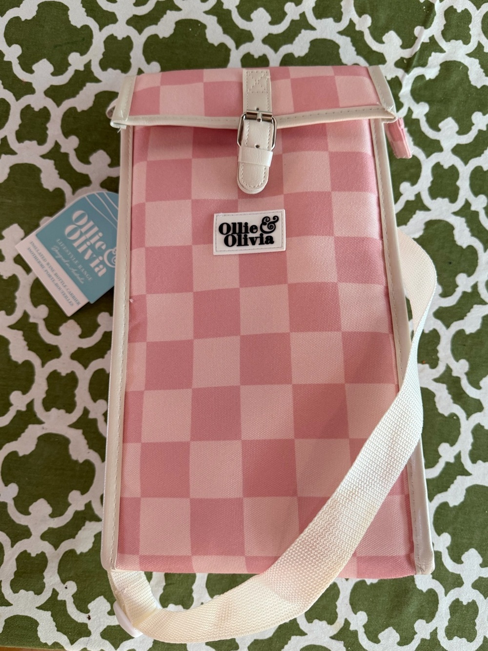 Pink Checkered Crossbody Bag with White Trim